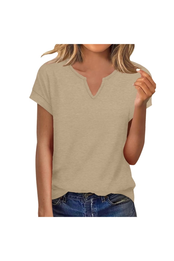 Womens Casual Short Sleeve Top - Khaki V-Neck Tee Shirt, Relaxed Fit Soft & Breathable Blended Fabric for Everyday, Sizes S-XXL,Size XL