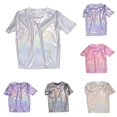 thumbnail image 1 of Womens Casual Short Sleeve Top - Shiny Silk Crew Neck Blouse with Loose Fit for Daily Wear, 1 of 4
