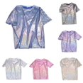 thumbnail image 1 of Womens Casual Short Sleeve Top - Shiny Silk Crew Neck Blouse with Loose Fit for Daily Wear, 1 of 4