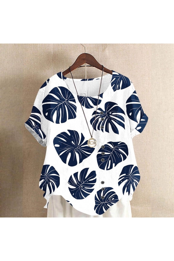 Womens Casual Short Sleeve Top Tropical Monstera Leaf Print Crew Neck Loose Fit Plus Size S-5XL Navy,Size 5XL