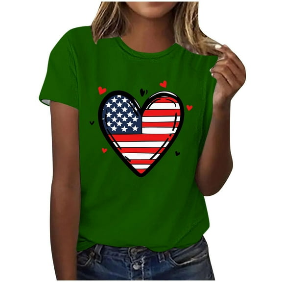 Womens Casual Short Sleeve Tops 4th of July Outfits Summer Patriotic Shirts Crew Neck Cotton Comfort Lounge Wear Green, XXXL