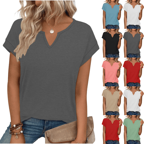 Womens Casual Short Sleeve Tops Solid Color V-Neck Basic Tee Soft Breathable Shirt Loose Fit Summer Everyday T-Shirt