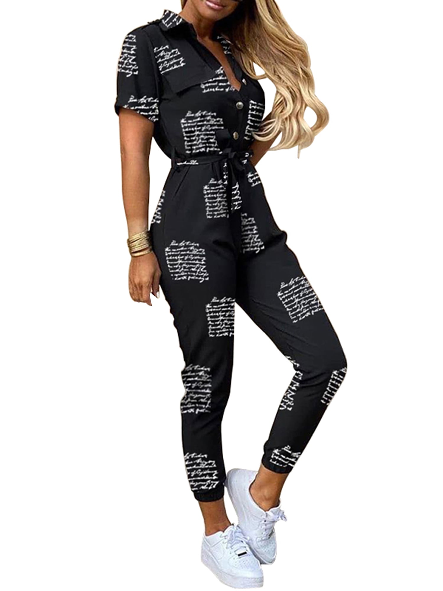 Women Long Pants Belted Turn Down Collar Button Casual Rompers