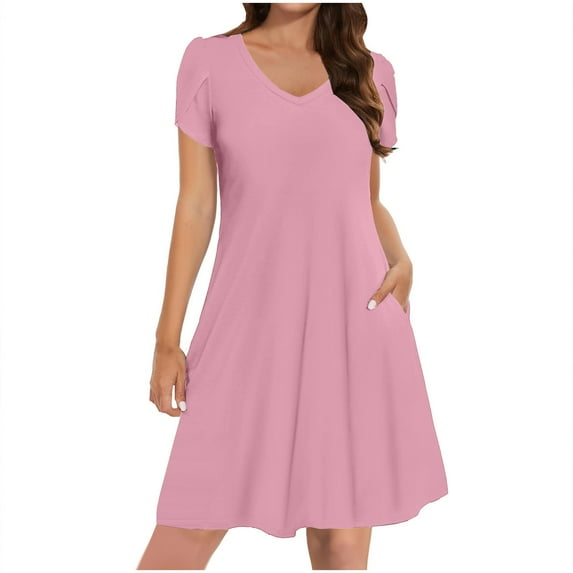 Womens Casual Short Sleeve V Neck Dresses Summer A-Line Swing Dress with Pockets Loose Fit Flowy T-Shirt Dress