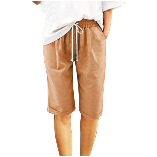 Womens Casual Shorts Drawstring Comfy Elastic Waist Shorts Mid-Rise Cuffed Hem Knee Length Bermuda Short with Pockets