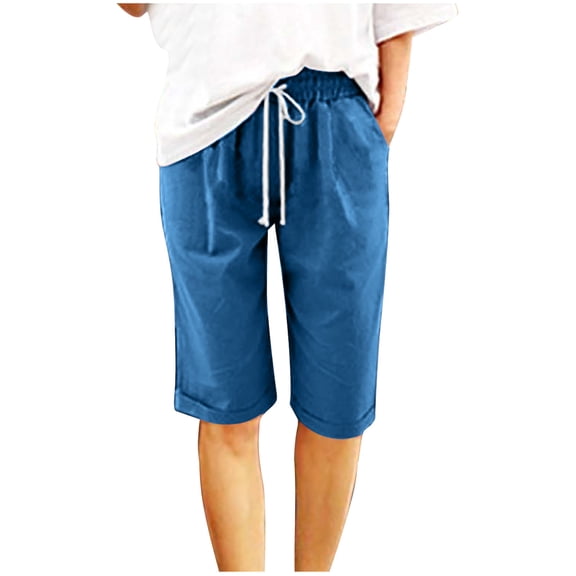 Womens Casual Shorts Drawstring Comfy Elastic Waist Shorts Mid-Rise Cuffed Hem Knee Length Bermuda Short with Pockets