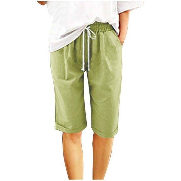 Womens Casual Shorts Drawstring Comfy Elastic Waist Shorts Mid-Rise Cuffed Hem Knee Length Bermuda Short with Pockets