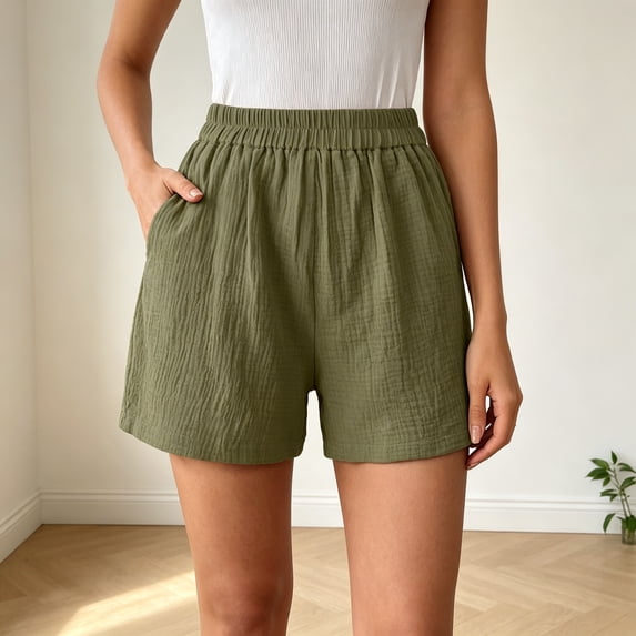 Womens Casual Shorts Elastic Waist Side Pockets Loose Fit Polyester Short,Army Green Size L
