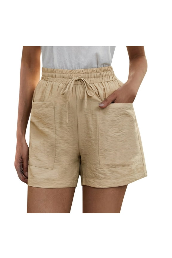 Womens Casual Shorts Loose Elastic Waist Summer Pockets Solid Linen Pants Girls Bottoms Shorts