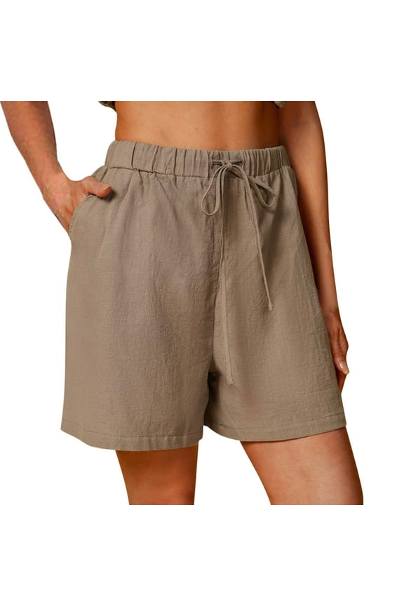 Womens Casual Shorts Solid High Waist Cotton Linen Elastic Waist Summer Girls Bottoms Shorts