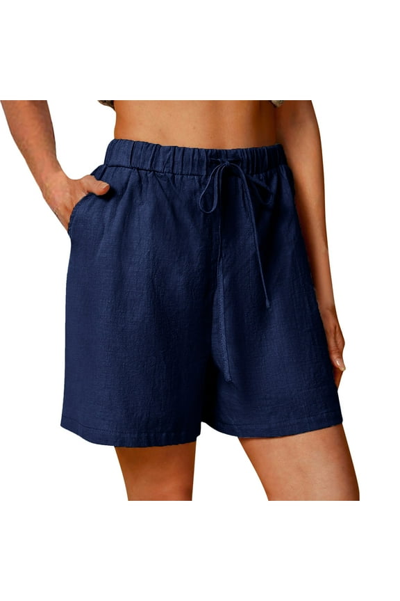 Womens Casual Shorts Solid High Waist Cotton Linen Elastic Waist Summer Girls Bottoms Shorts