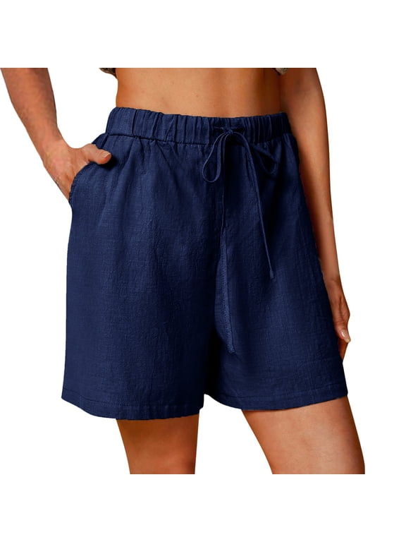 Womens Casual Shorts Solid High Waist Cotton Linen Elastic Waist Summer Girls Bottoms Shorts