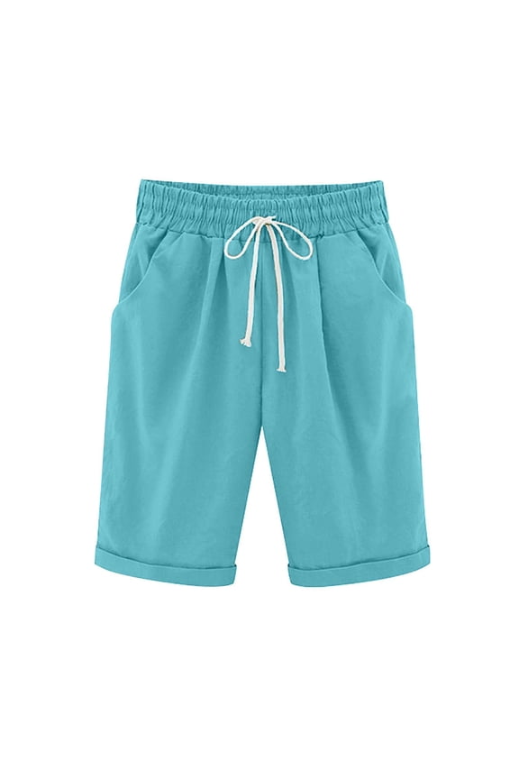 Womens Casual Shorts Summer Cotton Pants Plus Size High Waisted Lacing Beach Workout Pocket Five Point Pants Girls Bottoms Shorts
