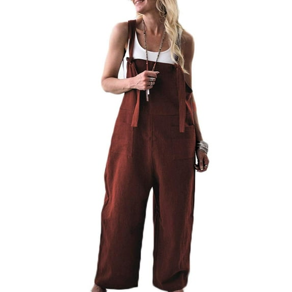 Womens Casual Sleeveless Baggy Linen Overalls Wide Leg Jumpsuit Plus Size Overalls Loose Rompers