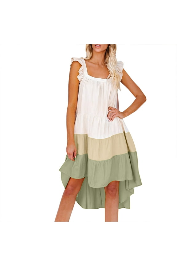 Womens Casual Sleeveless Collar Patchwork Falbala Ball Gown Dress Summer Boho Floral Formal Sundresses Wedding Guest Prom Bodycon Cocktail Dresses A68-2227