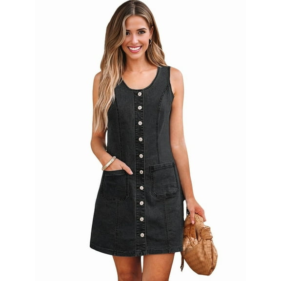 Womens Casual Sleeveless Denim Overalls Dresses Button Down Summer Jean Mini Dress 2025 Trendy Romper With Pockets Black Grey M