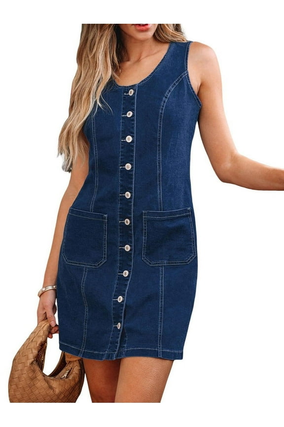 Womens Casual Sleeveless Denim Overalls Dresses Button Down Summer Jean Mini Dress 2025 Trendy Romper With Pockets Dark Blue M
