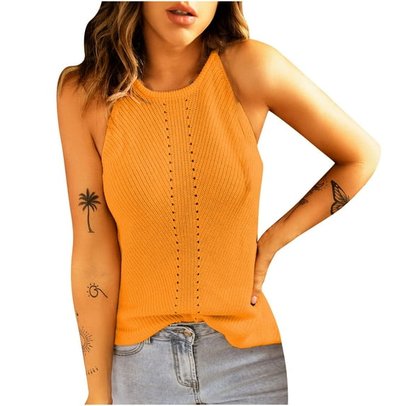 Womens Casual Sleeveless Knit Halter Neck Tank Tops Solid Loose Soft Sweater Cami Vest Crewneck Summer Blouse Tops