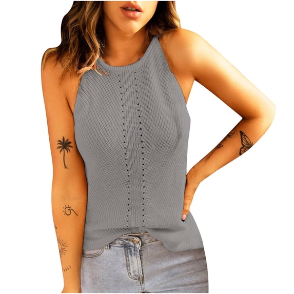 Womens Casual Sleeveless Knit Halter Neck Tank Tops Solid Loose Soft Sweater Cami Vest Crewneck Summer Blouse Tops