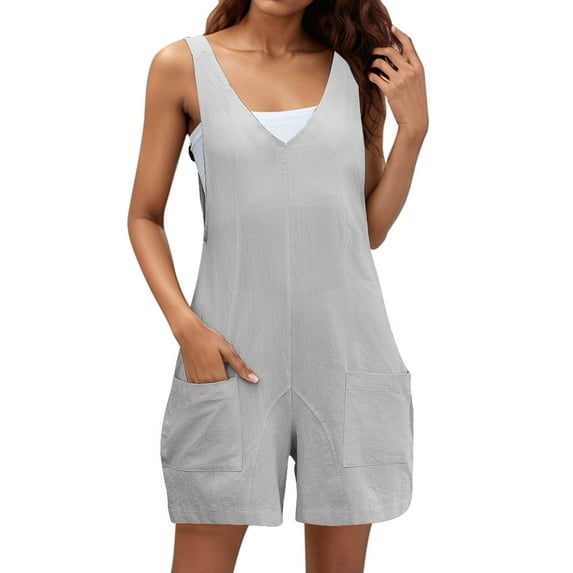 Womens Casual Sleeveless Strap Loose Adjustable Jumpsuits Stretchy Shorts Romper With Pockets
