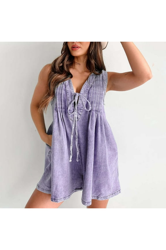 Womens Casual Sleeveless Tie Front Denim Romper Overall Shorts Summer Jean Romper With Pocket Elegant Pant Suit Pants Jumpsuit for Women Comfy Jumpsuits Cover Ups Romper with Skirt Overlay Juniors