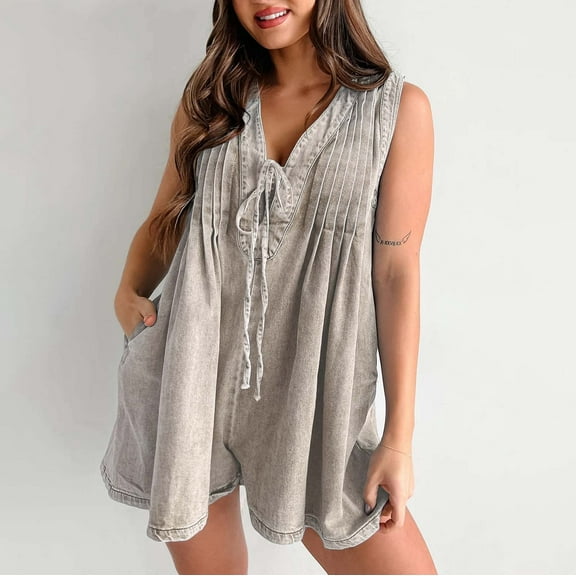 Womens Casual Sleeveless Tie Front Denim Romper Overall Shorts Summer Jean Romper With Pocket Elegant Pant Suit Pants Jumpsuit for Women Comfy Jumpsuits Cover Ups Romper with Skirt Overlay Juniors
