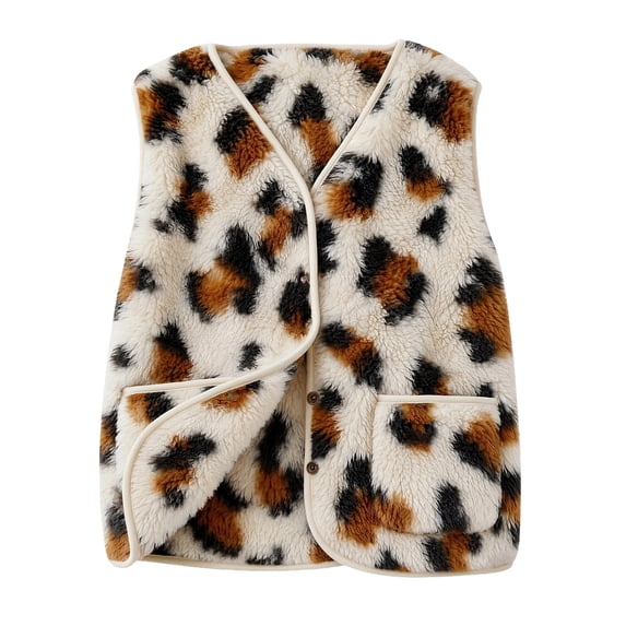 Womens Casual Sleeveless Vest Leopard Print Button Down Loose Fit Fall Winter Daily Layering Outerwear, S