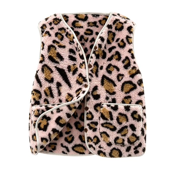 Womens Casual Sleeveless Vest Leopard Print Button Down Loose Fit Fall Winter Daily Layering Outerwear, S