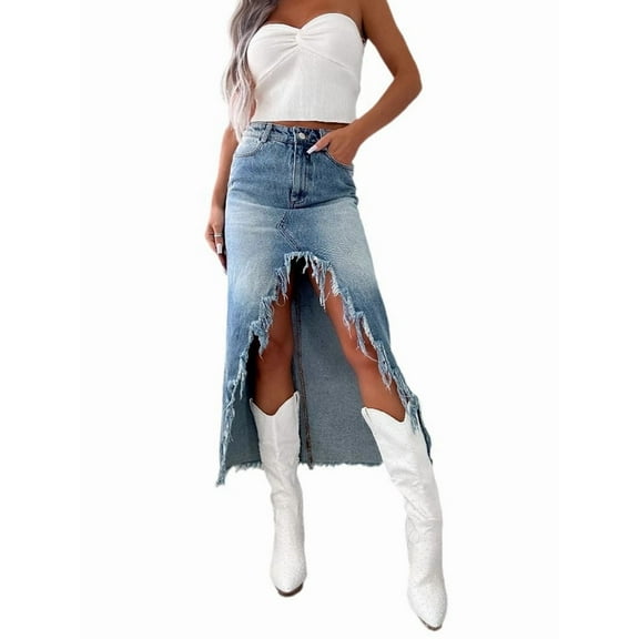 Womens Casual Slit Denim Midi Jean Skirt High Waist Frayed Distressed Button A-Line Long Jean Skirt Blue M