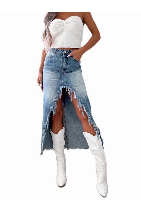 Womens Casual Slit Denim Midi Jean Skirt High Waist Frayed Distressed Button A-Line Long Jean Skirt Blue M