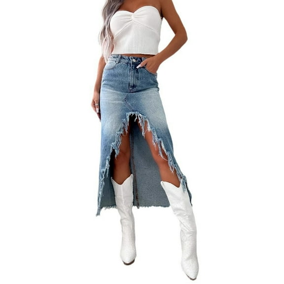 Womens Casual Slit Denim Midi Jean Skirt High Waist Frayed Distressed Button A-Line Long Jean Skirt Blue M