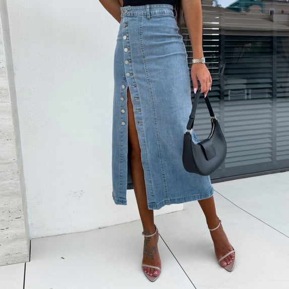 Womens Casual Slit Denim Midi Jean Skirt Stretch High Waist Button Up With Pockets Cute Skirts for Women Full Bed Skirt Bed Skirts Full Size Womens Skirts for Summer Skirt Slit Skirt Women Skirts Long
