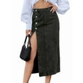 thumbnail image 1 of Womens Casual Slit Denim Midi Jean Skirt Stretch High Waist Frayed Button Up Black XS, 1 of 8