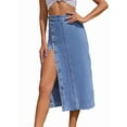 thumbnail image 1 of Womens Casual Slit Denim Midi Jean Skirt Stretch High Waist Frayed Button Up Blue L, 1 of 7