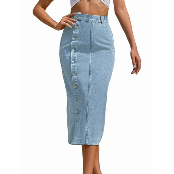 Womens Casual Slit Denim Midi Jean Skirt Stretch High Waist Frayed Button Up Light Blue L