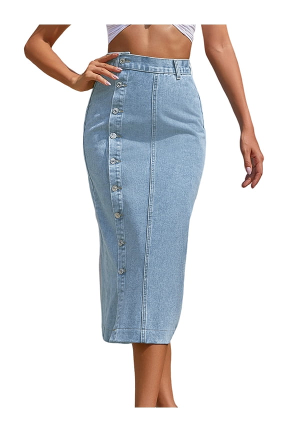 Womens Casual Slit Denim Midi Jean Skirt Stretch High Waist Frayed Button Up Light Blue S