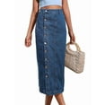 thumbnail image 1 of Womens Casual Slit Denim Midi Jean Skirt Stretch High Waist Frayed Button Up Middle Blue L, 1 of 7