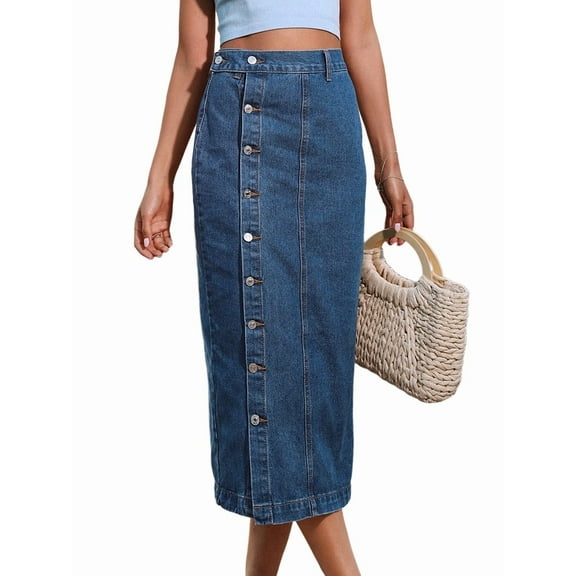 Womens Casual Slit Denim Midi Jean Skirt Stretch High Waist Frayed Button Up Middle Blue L