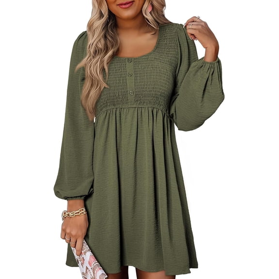 Womens Casual Smocked Square Neck Dress, Long Sleeve Button Up Empire Waist A-Line Mini Dress