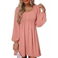 thumbnail image 1 of Womens Casual Smocked Square Neck Dress, Long Sleeve Button Up Empire Waist A-Line Mini Dress, 1 of 6