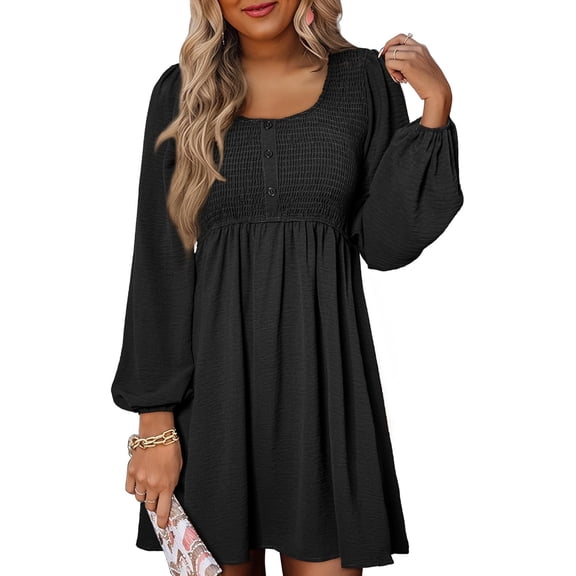 Womens Casual Smocked Square Neck Dress, Long Sleeve Button Up Empire Waist A-Line Mini Dress