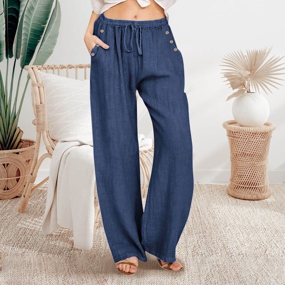 Womens Casual Soild Color Loose Elastic Waist Drawstring Button Casual Pants Casual Pants Pleated Dress Pants Women Loose Dress Pants for Women Business Casual plus Size Stretch Pants Womens Crop