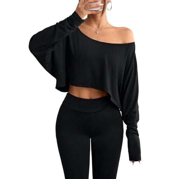 Womens Casual Solid Color Batwing Cropped T-Shirt, Long Sleeve Summer Blouse For Women