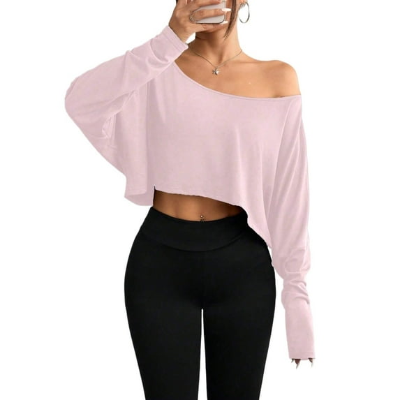 Womens Casual Solid Color Batwing Sleeve T-Shirt Cropped Summer Blouse For Women