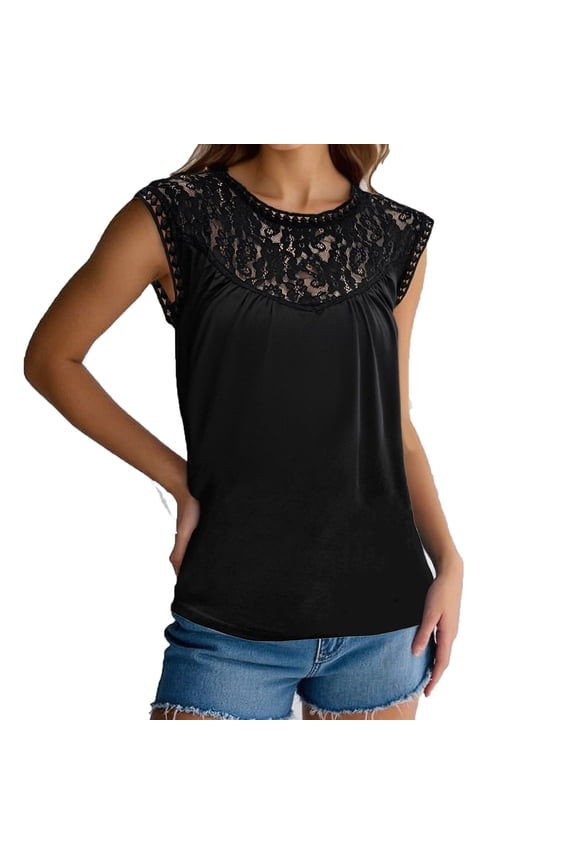 Womens Casual Solid Color Crew Neck Short Sleeve Top Lace Stitching Detail Blouse 2025 Summer Comfort Soft Trendy