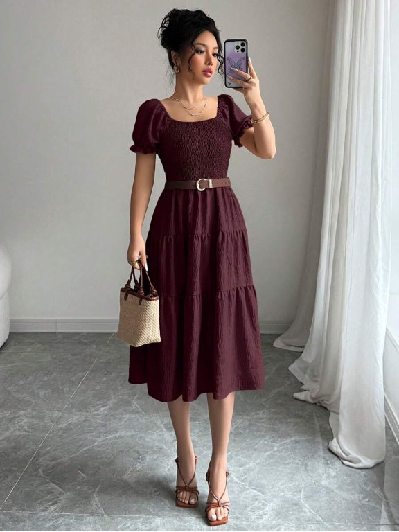 Womens Casual Solid Color Dress, Maroon Short Sleeve Square Neck Long