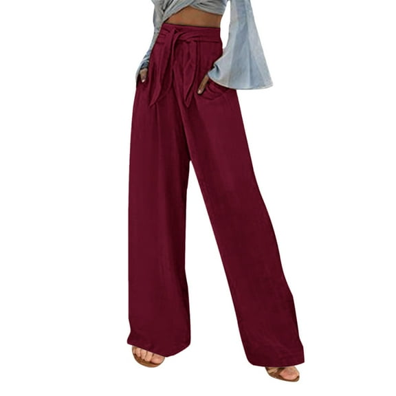 Womens Casual Solid Color Loose Pockets Elastic Belt Waist Pants Long Trousers