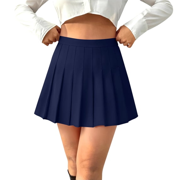 Womens Casual Solid Color Pleated Skirt High Waisted Mini Skirts Athletic Skirt for Beach Summer Navy