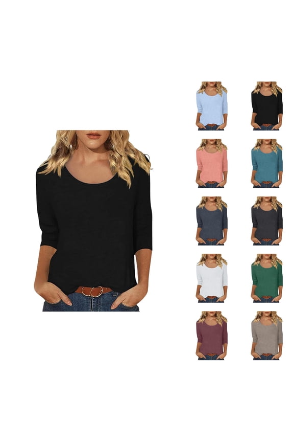 Womens Casual Solid Color Print Neck Low Cut 3/4 Sleeve T-Shirts for Women Womens Tops Casual Spring Fashion Clothing Plus Size Clothes for Women Women Clothes