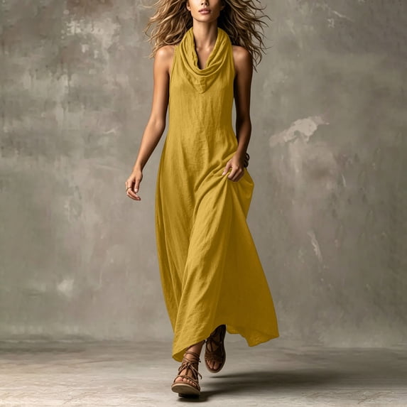 Womens Casual Solid Color Sleeveless Irregular Neckline Dress